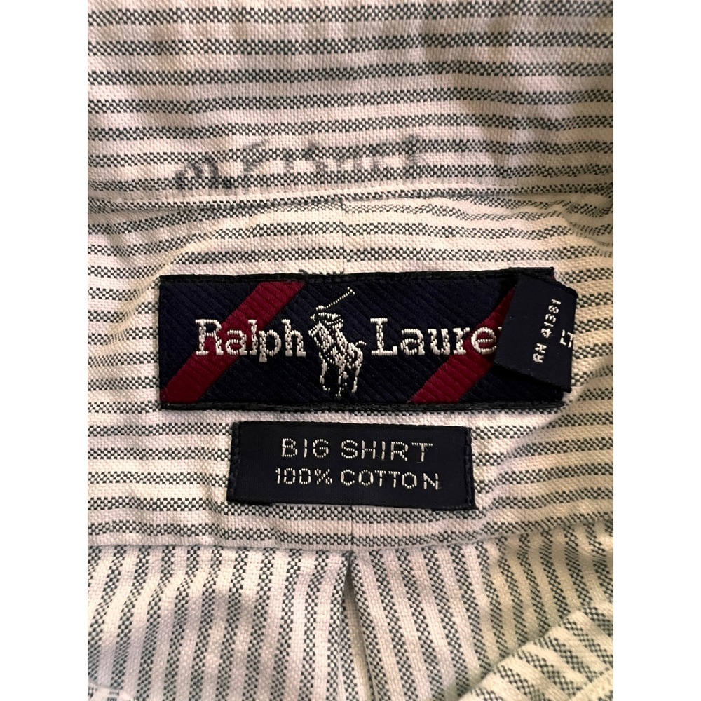 Ralph Lauren Big Shirt Mens Large Blue White Striped Cotton Button Down Pocket - Picture 3 of 8
